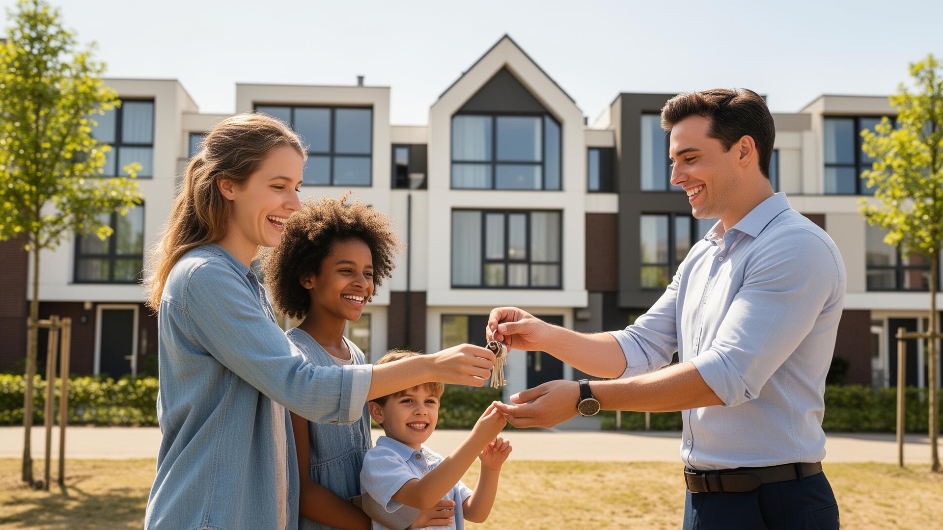 Happy international family receiving keys to their new Dutch home