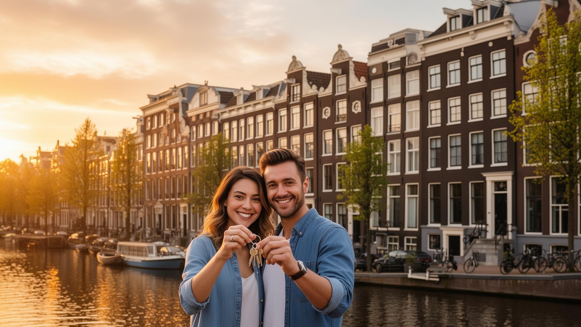 Happy expat couple with keys to their new Dutch home