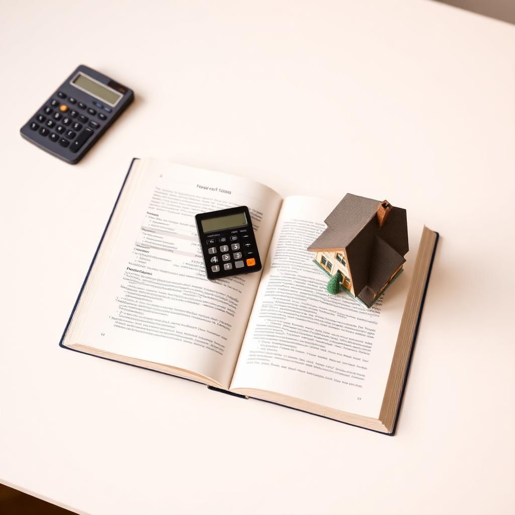 Open book with calculator and model house - mortgage knowledge concept