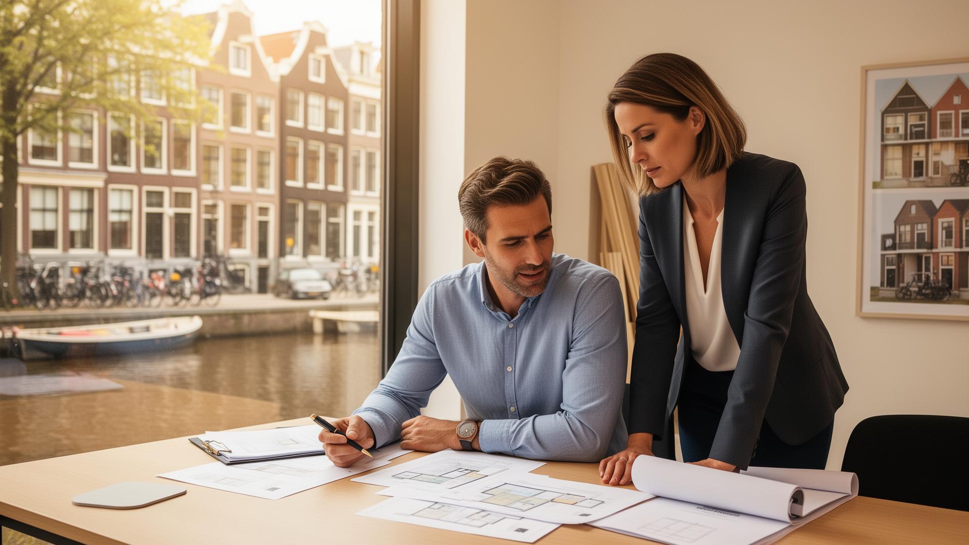 American expat couple reviewing property documents in Amsterdam